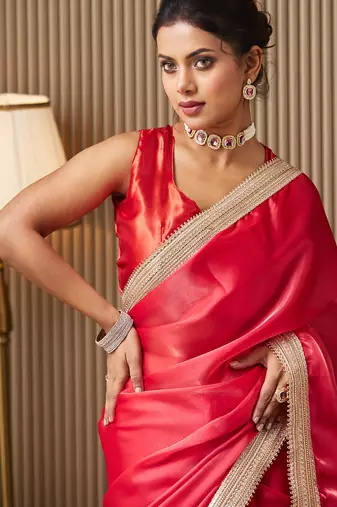 Red organza lace work ceremonial saree