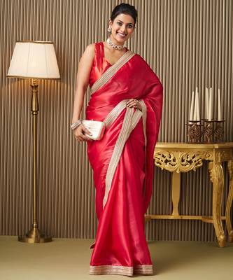 Red organza lace work ceremonial saree 4