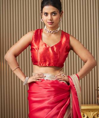 Red organza lace work ceremonial saree 5