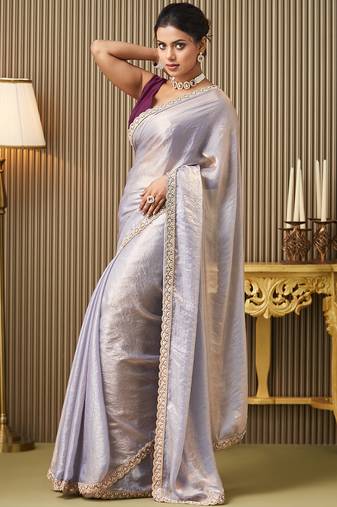 Lavender color satin fabric embellished designer lace work ceremonial saree