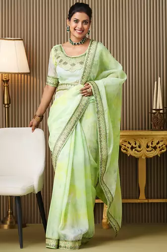 Green color organza fabric embroidered embellished work ceremonial saree