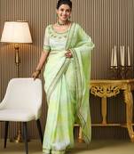 Green color organza fabric embroidered embellished work ceremonial saree