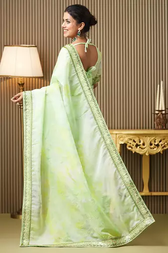 Green organza embroidered embellished work ceremonial saree