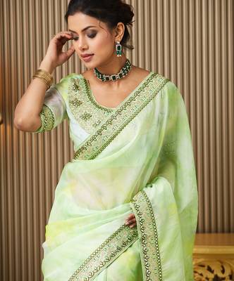 Green organza embroidered embellished work ceremonial saree 3