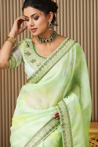 Green organza embroidered embellished work ceremonial saree