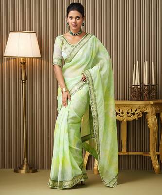 Green organza embroidered embellished work ceremonial saree 4