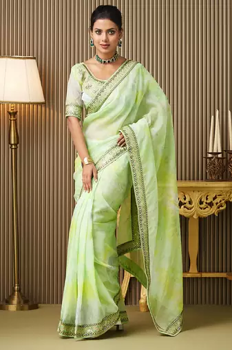 Green organza embroidered embellished work ceremonial saree