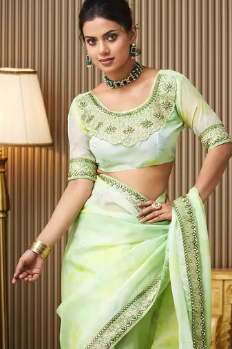 Green organza embroidered embellished work ceremonial saree
