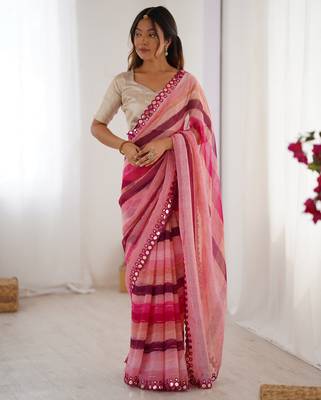 Pink chiffon laheriya printed saree with mirror cut work 1