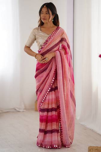 Pink chiffon laheriya printed saree with mirror cut work