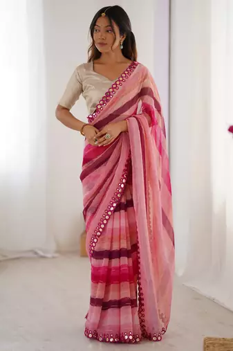 Pink chiffon laheriya printed saree with mirror cut work