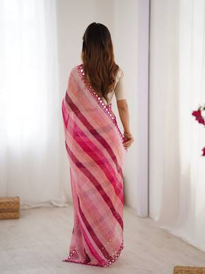 Pink chiffon laheriya printed saree with mirror cut work 2