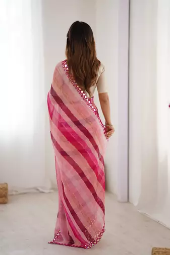 Pink chiffon laheriya printed saree with mirror cut work