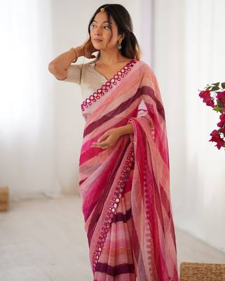 Pink chiffon laheriya printed saree with mirror cut work 3