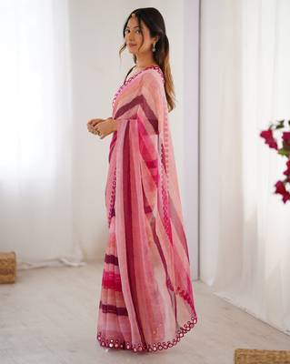 Pink chiffon laheriya printed saree with mirror cut work 4