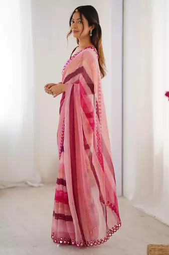 Pink chiffon laheriya printed saree with mirror cut work