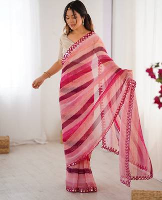 Pink chiffon laheriya printed saree with mirror cut work 5