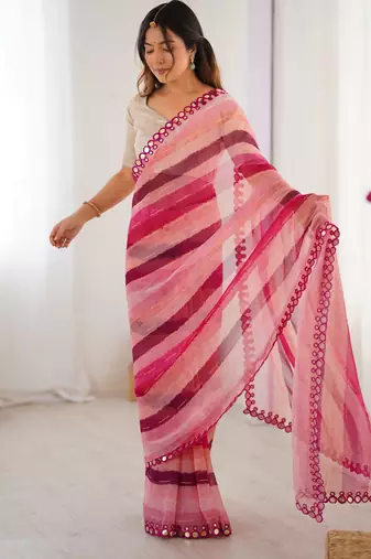 Pink chiffon laheriya printed saree with mirror cut work