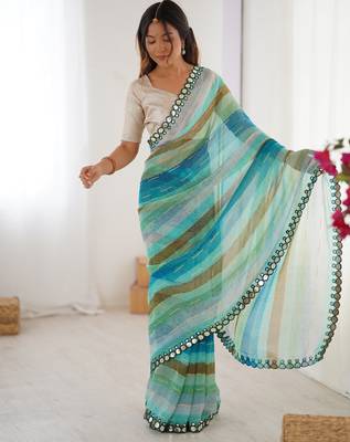 Rama chiffon laheriya printed saree with mirror cut work 1