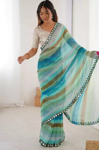 Rama color chiffon fabric designer laheriya printed saree with mirror cut work
