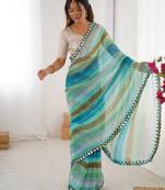 Rama color chiffon fabric laheriya printed saree with mirror cut work