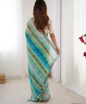 Rama chiffon laheriya printed saree with mirror cut work 2