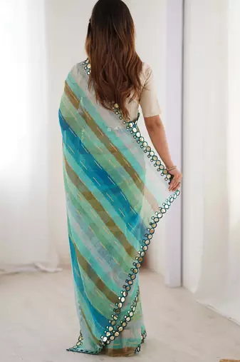 Rama chiffon laheriya printed saree with mirror cut work