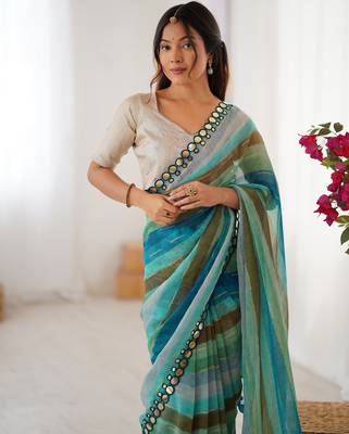 Rama chiffon laheriya printed saree with mirror cut work 3