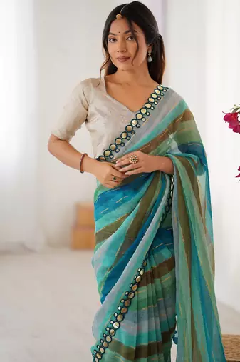 Rama chiffon laheriya printed saree with mirror cut work