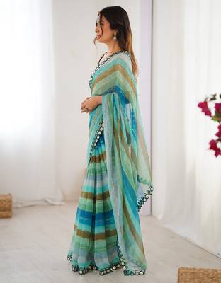 Rama chiffon laheriya printed saree with mirror cut work 4