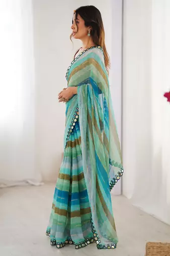 Rama chiffon laheriya printed saree with mirror cut work