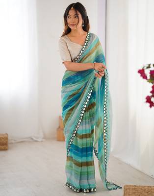 Rama chiffon laheriya printed saree with mirror cut work 5