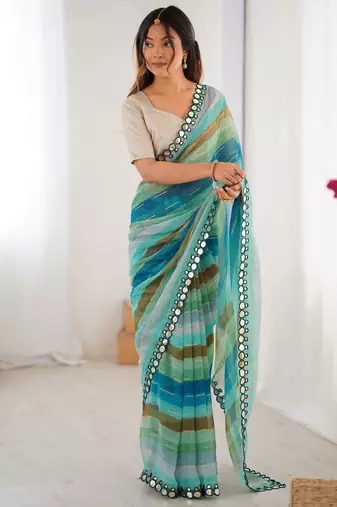 Rama chiffon laheriya printed saree with mirror cut work