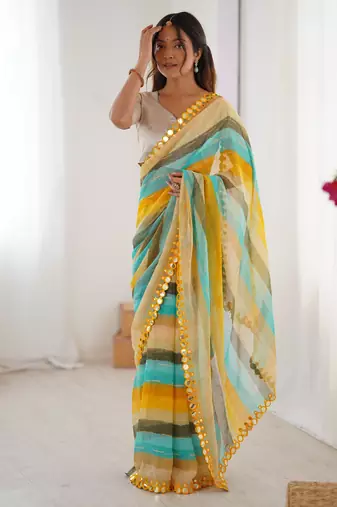 Yellow color chiffon fabric designer laheriya printed saree with mirror cut work