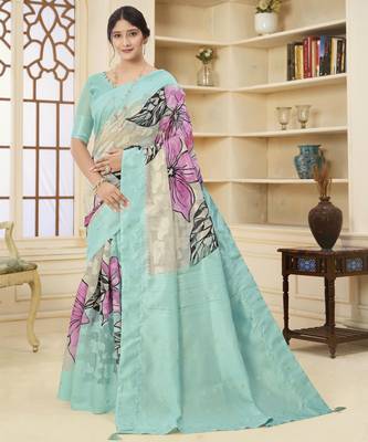 Sea green jacquard Woven printed saree 1