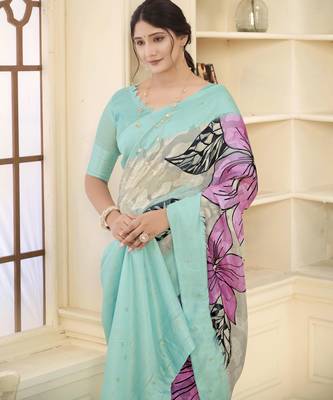 Sea green jacquard Woven printed saree 3