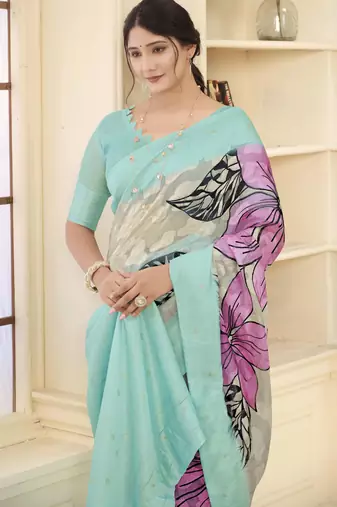 Sea green jacquard Woven printed saree