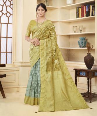 Mustard wevon jacquard with printed rich silk blend stylish ceremonial saree 1