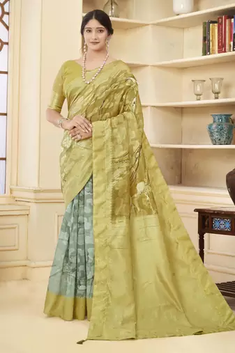 Mustard color wevon jacquard designer with printed rich silk fabric stylish ceremonial saree