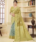 Mustard color wevon jacquard with printed rich silk fabric stylish ceremonial saree