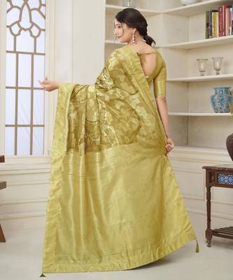 Mustard wevon jacquard with printed rich silk blend stylish ceremonial saree 2