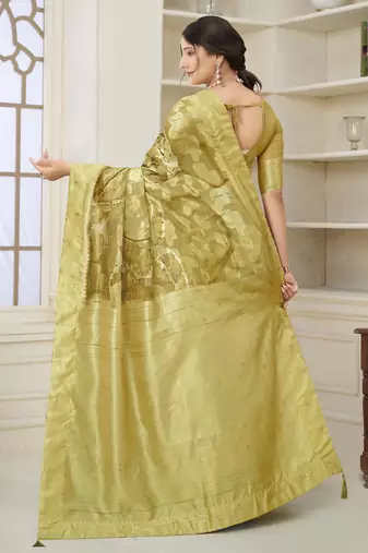 Mustard wevon jacquard with printed rich silk blend stylish ceremonial saree