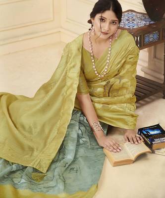 Mustard wevon jacquard with printed rich silk blend stylish ceremonial saree 3