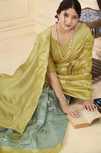 Mustard wevon jacquard with printed rich silk blend stylish ceremonial saree
