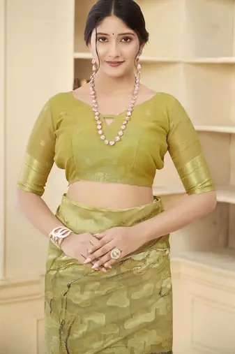 Mustard wevon jacquard with printed rich silk blend stylish ceremonial saree