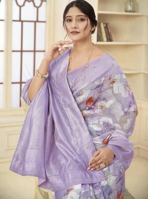 Lavender wevon jacquard with printed rich silk blend stylish ceremonial saree 3
