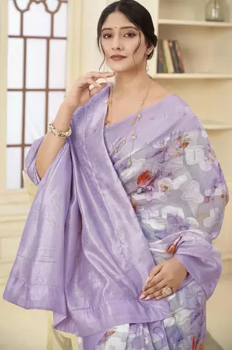 Lavender wevon jacquard with printed rich silk blend stylish ceremonial saree