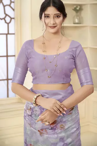 Lavender wevon jacquard with printed rich silk blend stylish ceremonial saree