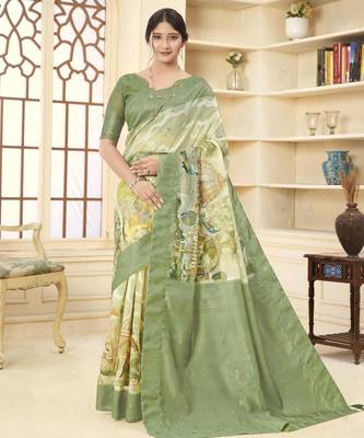 Green wevon jacquard with printed rich silk blend stylish ceremonial saree 1