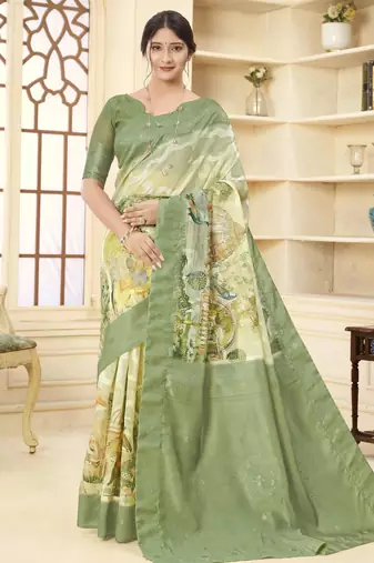 Green color wevon jacquard designer with printed rich silk fabric stylish ceremonial saree